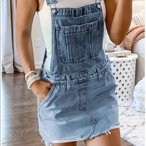 Frayed Hem Pocket Denim Overall Mini Dress - Blue